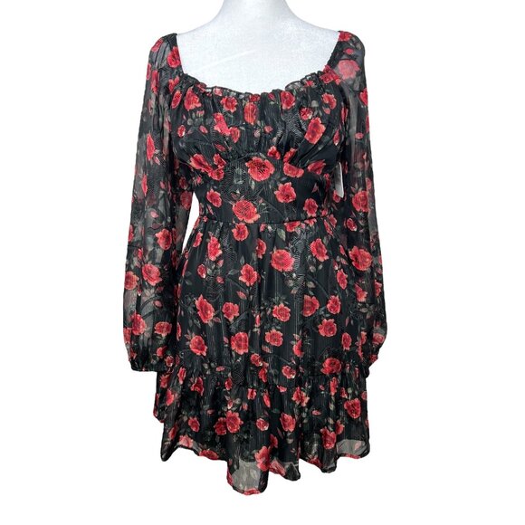 Altard State Floral Puff Long-Sleeve Mini Dress XS Black & Red - Picture 1 of 14